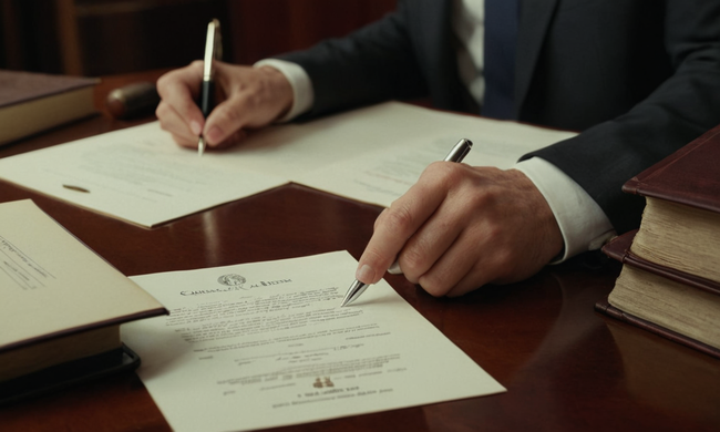 Una persona que firma un contrato mientras se sienta en un escritorio con libros de derecho y archivos.