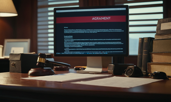 Un escritorio de abogados con documentos y una pantalla de computadora que muestra un acuerdo de liquidación.