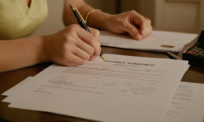 Una persona llenando formularios en un escritorio con documentos de acuerdo de divorcio y papeleo.