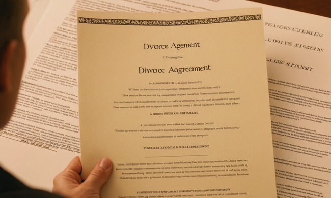 Una persona con un documento de acuerdo de divorcio con un esquema simplificado y fácil de crear en el fondo.