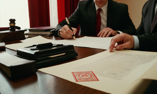 Abogados que estudian documentos en una mesa, con un sello de despido rojo en un contrato de mock.