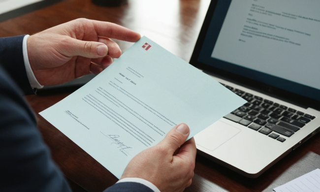 Un profesional entrega una carta formal de negocios junto con un portátil y materiales de trabajo.