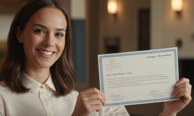 Profesional sonriendo con antecedentes de empresa, con una carta de recomendación.
