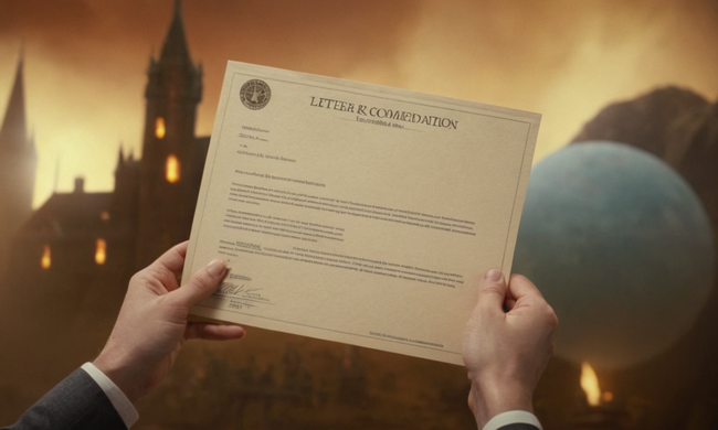 A professional holding a letter of recommendation, with a sutil background of job-related icons.