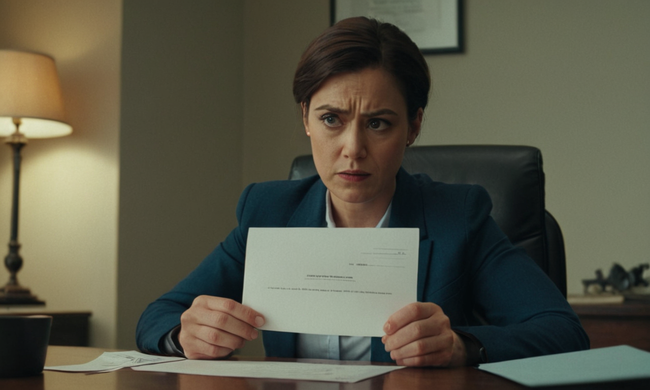 Una persona sentada en un escritorio, con una carta de renuncia, con una expresión confusa.