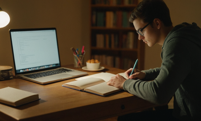 Un estudiante escribiendo en un escritorio con libros y portátiles cerca.