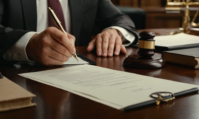 Un abogado que revisa un contrato en un escritorio con documentos y bolígrafos que lo rodean.