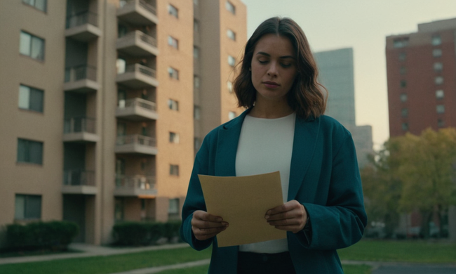 Una persona que tiene un contrato mientras se encuentra frente a un edificio de apartamentos con un paisaje urbano.