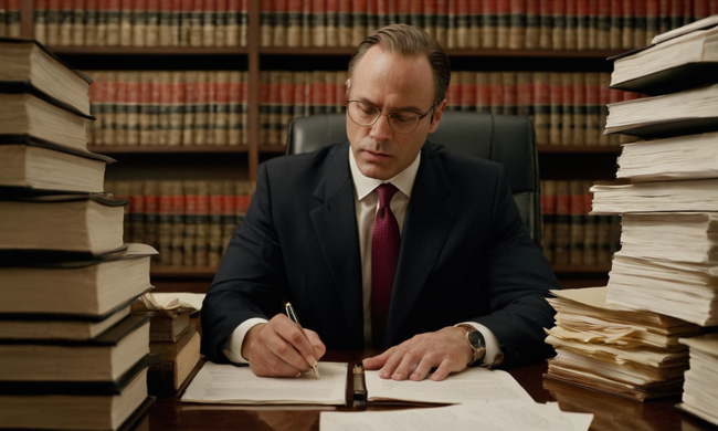 Un abogado que revisa un contrato en un escritorio en medio de montones de documentos legales.