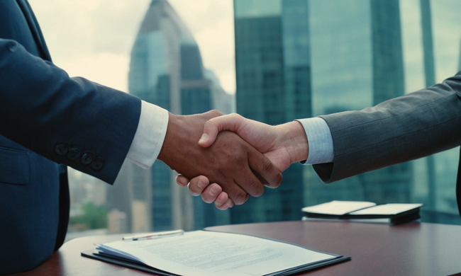 Socios de negocios temblando las manos sobre un documento de contrato sobre una ciudad moderna.