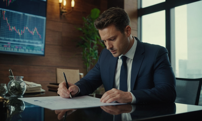 Un empresario firmando un contrato, rodeado de gráficos financieros y símbolos corporativos.