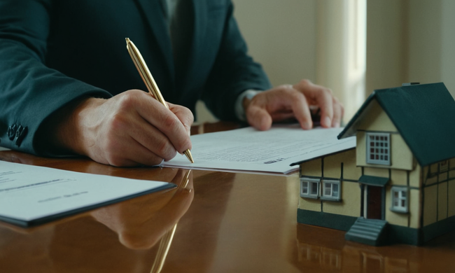 A person signing a contract at a desk with a house or building in the background.