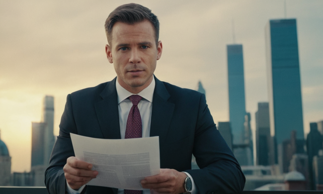 A lawyer holding a contract with a cityscape background, symbolizing property investment protection.