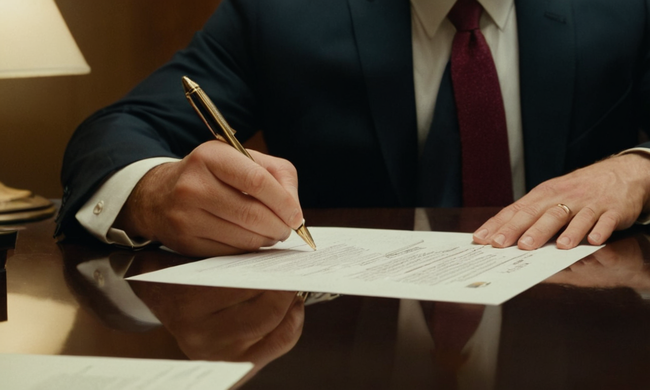 A lawyer examining documents at a desk with a real estate background.