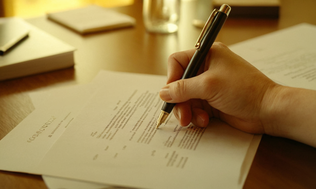 A person holding a pen over a contract on a desk with property documents in the background.