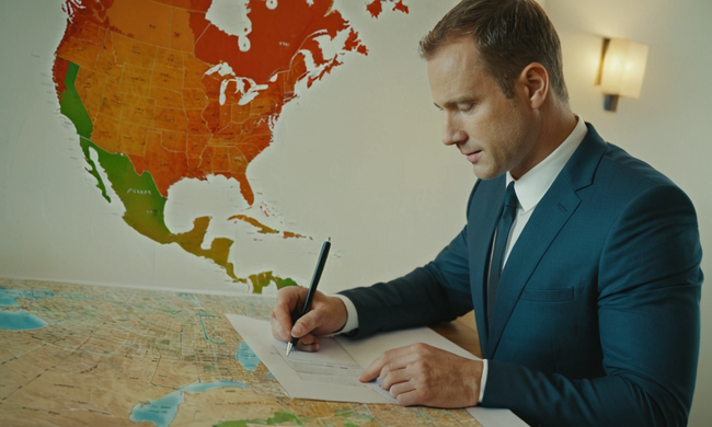 Un hombre de negocios firmando un contrato mientras estaba delante de un mapa de bienes raíces.