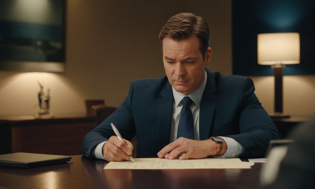 Un hombre de negocios revisando un documento de contrato en un escritorio con un logotipo de franquicia en el fondo.