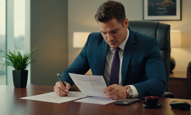 Un hombre de negocios revisando un documento de contrato de franquicia en un escritorio con un historial comercial exitoso.