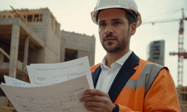 Architect holding a construction blueprint with contract documents in the background.