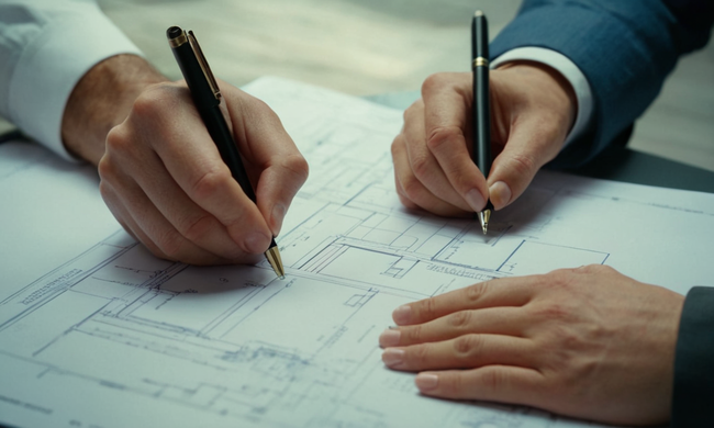Un contrato de construcción firmado por dos personas en un plano de construcción.