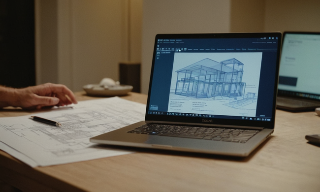 Un modelo de contrato de construcción en una pantalla portátil en medio de planos arquitectónicos y herramientas de gestión de proyectos.