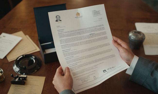 Una persona que tiene un documento de contrato, rodeado de los iconos profesionales y de negocios pertinentes.