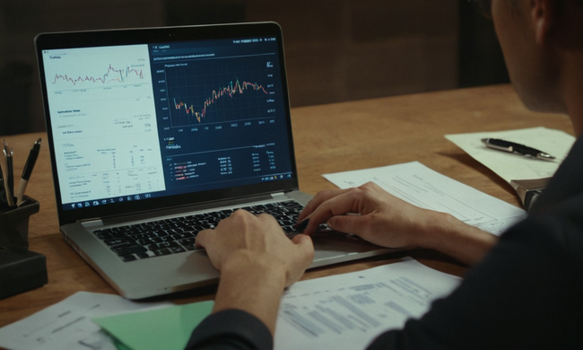 Una persona que revisa un contrato de préstamo personal en un portátil con notas financieras y gráficos.