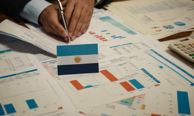 Una persona rodeada de cartas y documentos financieros, con la bandera argentina en el fondo.