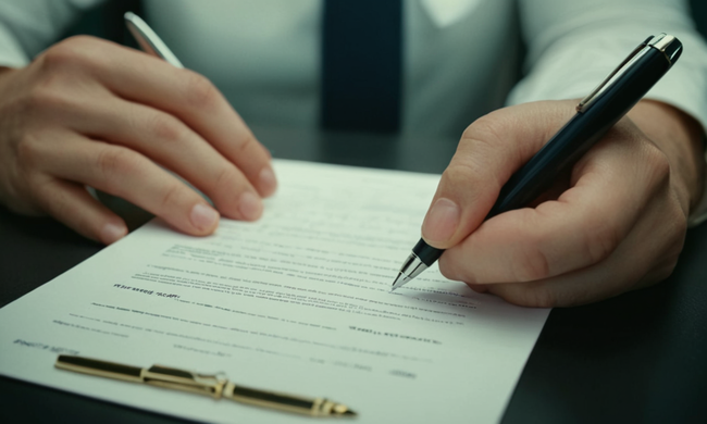 Professional holding a pen over a contract document on a desk.