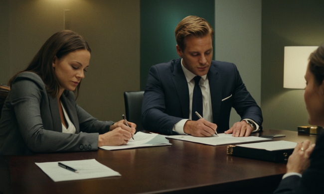 Empresarios firmando documentos en un escritorio con un contrato de fondo.