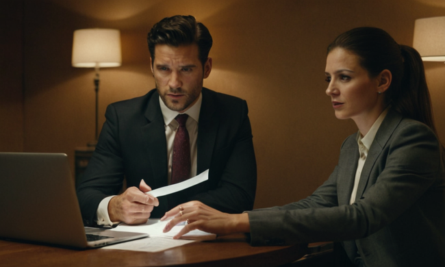 Profesionales de negocios revisando un contrato con preguntas y respuestas mostradas en una pantalla portátil.