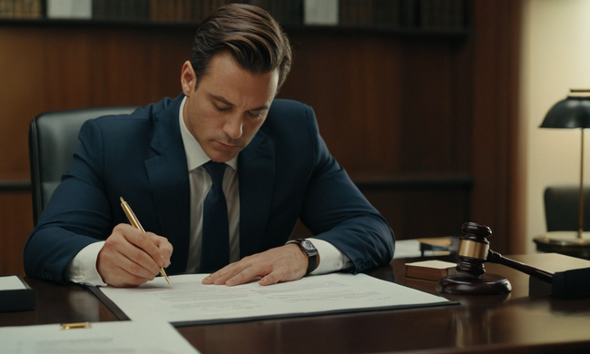 A lawyer examining a contract on a desk with professional services paperwork in the background.