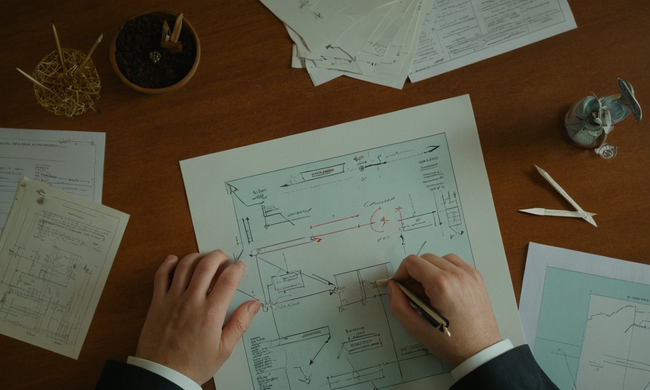 Una persona que estudia un contrato en un escritorio, rodeado de diagramas y flechas.
