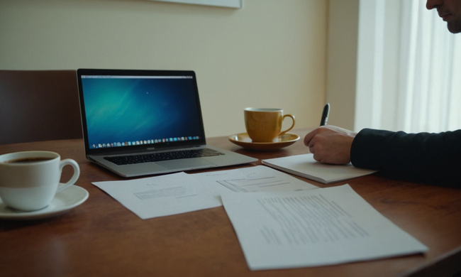 Una persona que estudia documentos de contrato con un portátil y café cerca.