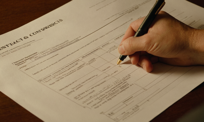 Una persona que revisa un contrato con un gráfico que compara beneficios y desventajas.