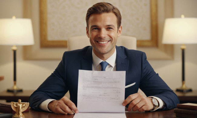 Un hombre de negocios sonriendo a un contrato con una marca de verificación en él, rodeado de símbolos de estabilidad.
