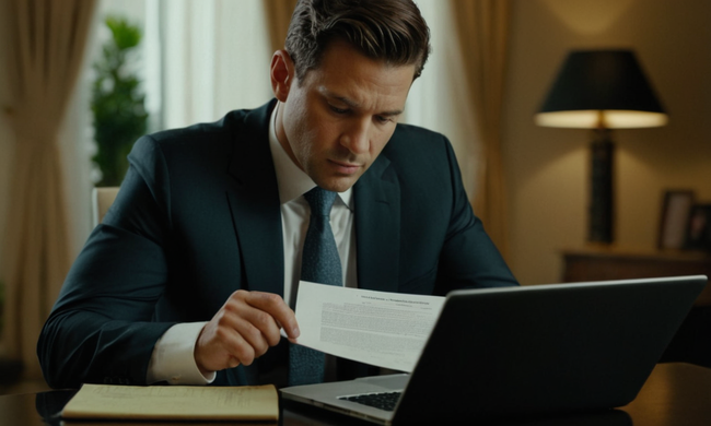 Un hombre de negocios revisando un contrato con cláusulas importantes destacadas en un portátil.