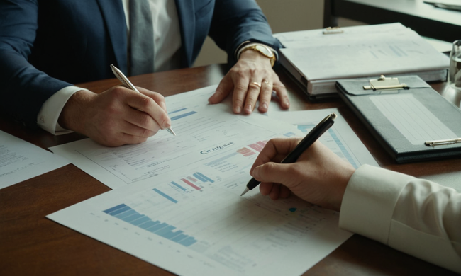 Profesionales de negocios revisando contratos en un escritorio en medio de gráficos de negocios.