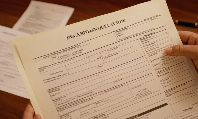 Una persona con un formulario de declaración completo con antecedentes de documentos financieros.