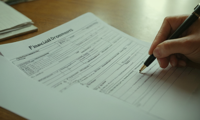 Una persona llenando formularios con documentos financieros en el fondo.