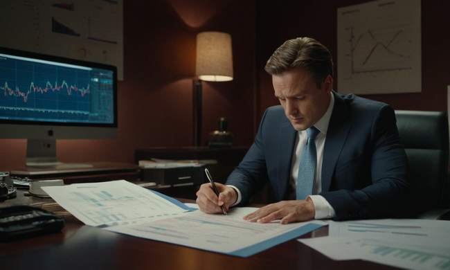 Empresario mirando documentos de contrato en un escritorio, con gráficos y gráficos en el fondo.