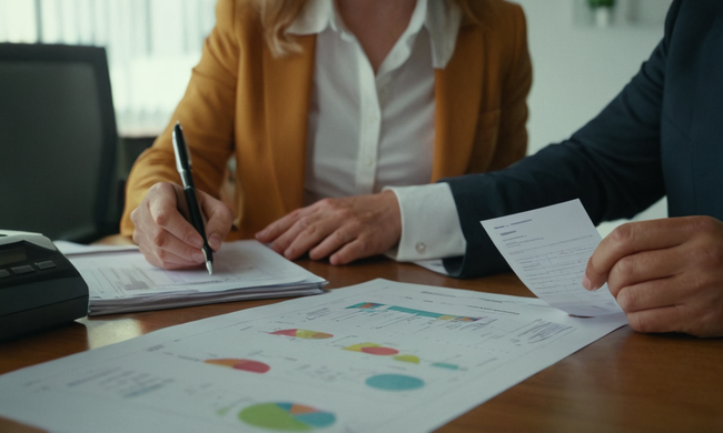 Businessperson revisando los documentos de contrato en un escritorio en medio de gráficos y gráficos.