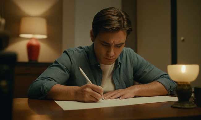 Una persona sentada en un escritorio, escribiendo sobre papel, con una expresión frustrada.