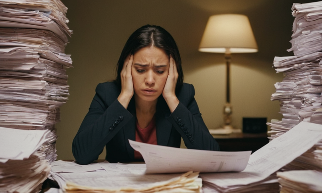 A person sitting at a desk with a concerned expression, surrounded by financial papers and debt-related notes.