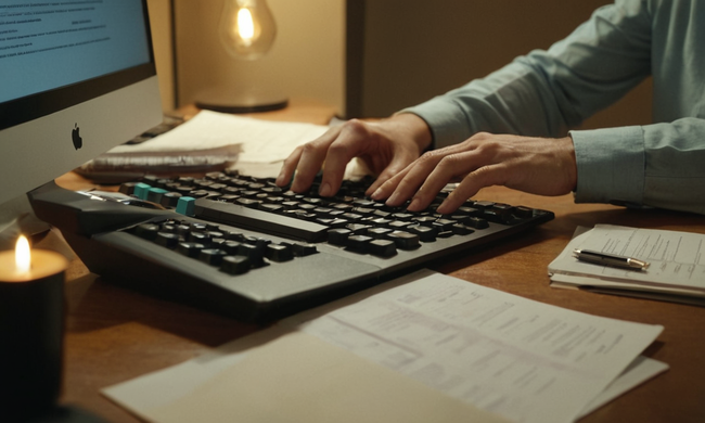 A person typing on their computer surrounded by financial documents and stress-relief elements.