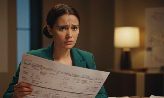Person holding papers, look concerned with debt bills and financial charts in the background.