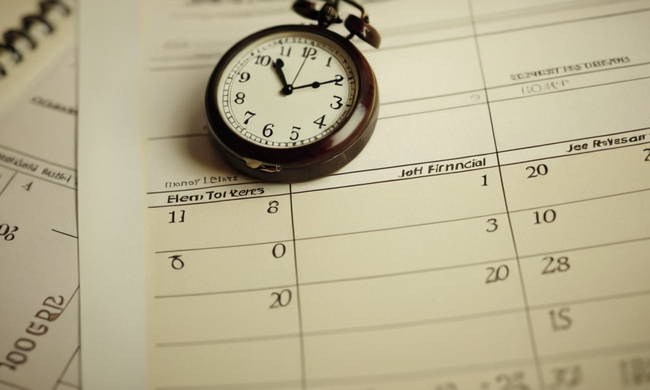 Un calendario con una fecha límite y un reloj, rodeado de documentos financieros.