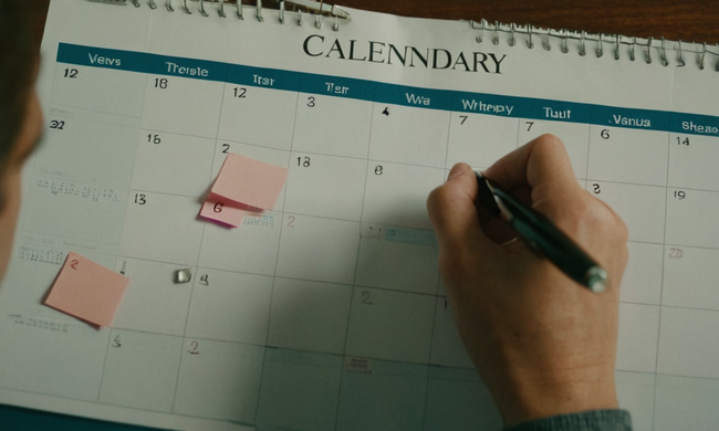 Una persona sosteniendo un bolígrafo y mirando un calendario con papeles repartidos alrededor.