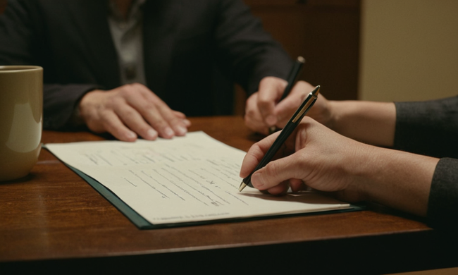 Una persona firmando papeles en un escritorio con un tema de herencia sutil en el fondo.