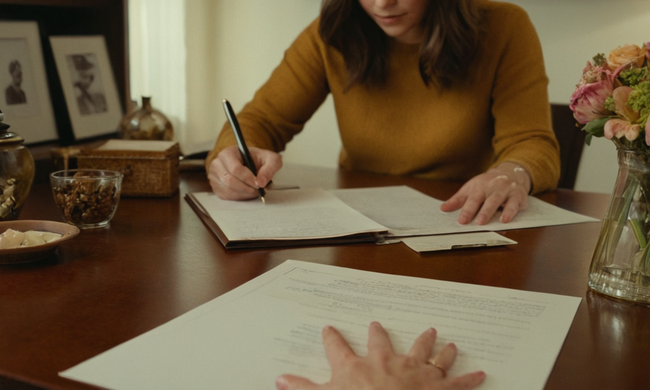 Una persona que firma documentos en un escritorio rodeado de fotos y papeles familiares.